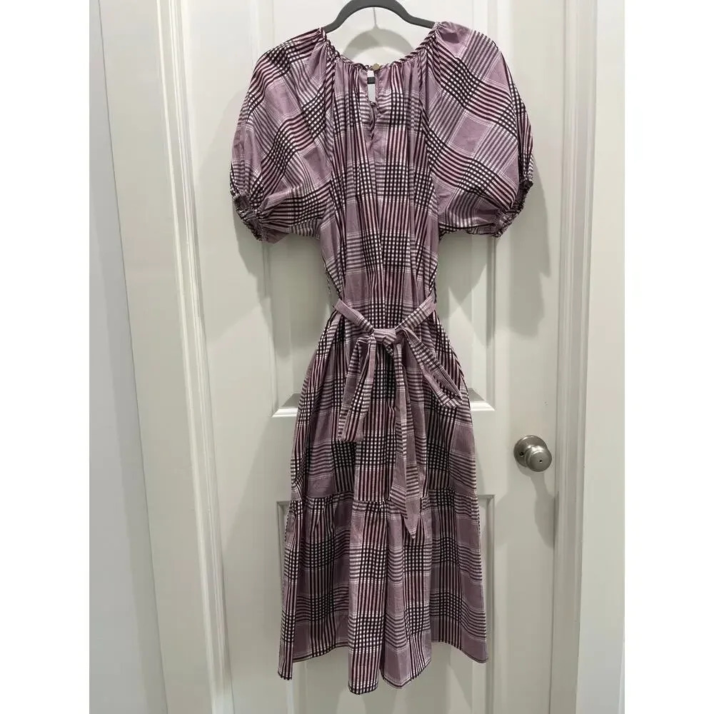 Never A Wallflower Puff Sleeve Burgundy Plaid Midi Dress Sz S - Picture 8 of 11